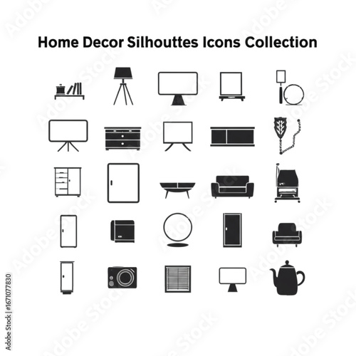Collection of home decor silhouettes icons, featuring various furniture and household items.