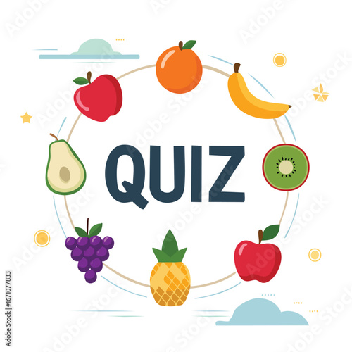 Quiz vector illustration decorated with colorful fruit elements in a clean, modern style.