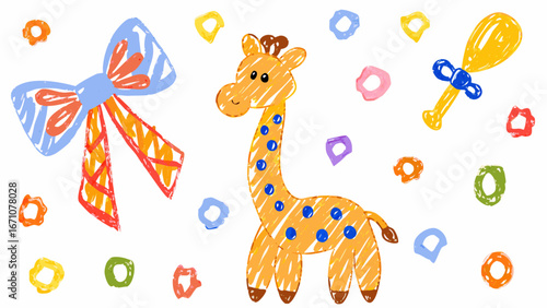 Illustration of a giraffe, a bow, and a rattle surrounded by colorful shapes on a white background