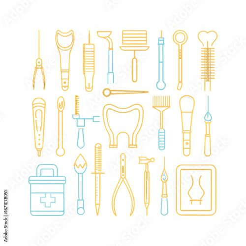 A collection of line art icons representing various dental and medical instruments, including a tooth, first-aid kit, and specialized tools.