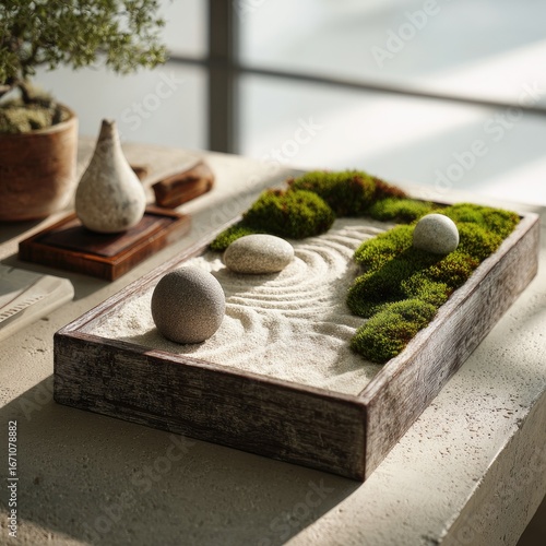 Wooden tray holds zen garden with sand, rocks, moss