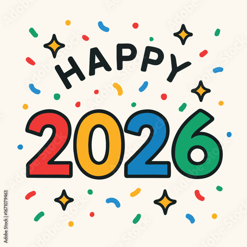 Happy New Year 2026 Celebration Illustrations – Colorful Fireworks, Confetti, and Festive Typography Designs