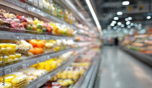 Supermarket refrigerated section with fresh produce and packaged food items on display