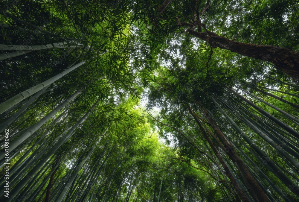 Fototapeta premium Tall lush green trees reaching towards the bright sky in a dense forest canopy