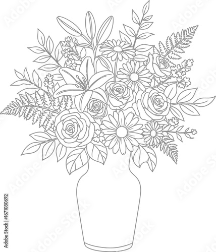 Bouquet of flowers in a vase illustration with floral design elements