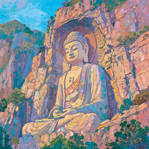 Giant Buddha Statue Carved in a Cliff with Mountain Illustration Design Template