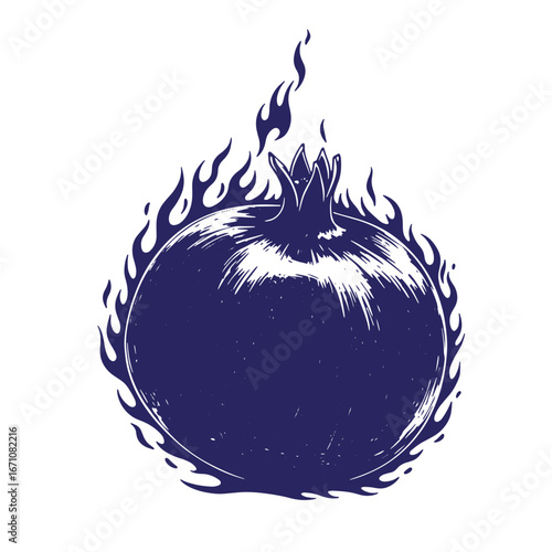 Bold illustration of a pomegranate fruit enveloped in flames showcasing creative design.