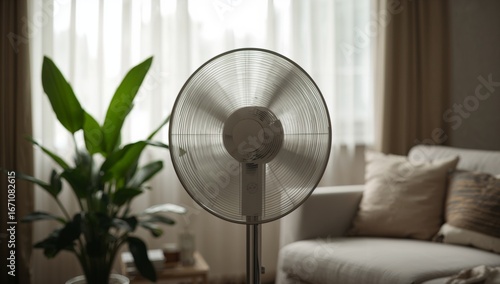 A stand fan spinning gently in the room.