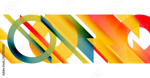 Abstract composition. Overlapping colorful shapes create dynamic visual effect. Bright hues dominate white background. Modern design.