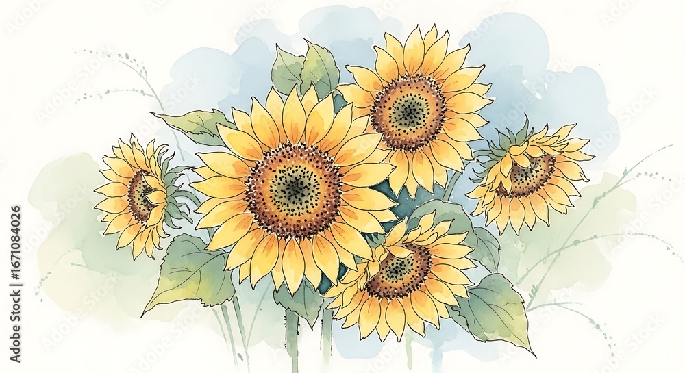 Obraz premium Watercolor Sunflowers Illustration, Bright Floral Art.