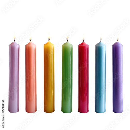 Rainbow taper candles isoleted on transparent background.