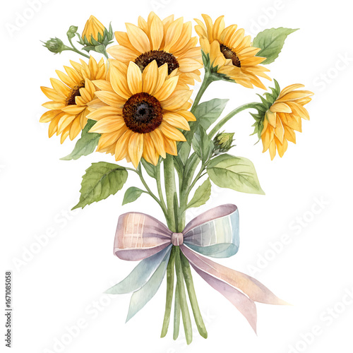 Watercolor bouquet of sunflowers tied with a pastel ribbon on a black background
