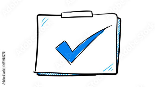 Blue check mark in square doodle illustration