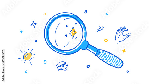 Blue magnifying glass with yellow sun and stars vector
