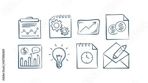 Business icons graph gears money lightbulb clock envelope