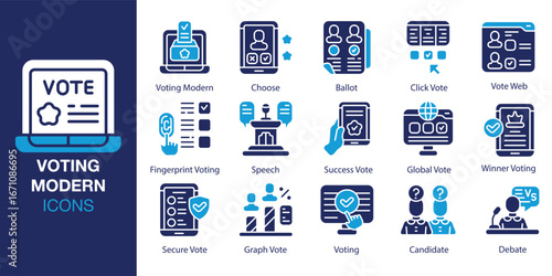 Voting Modern icon set. Containing vote, modern, choice, voting, web, and more. Solid vector icons collection. Vector illustration.