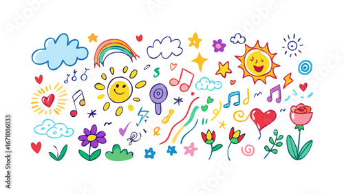 Cheerful doodle elements with sun rainbow and flowers