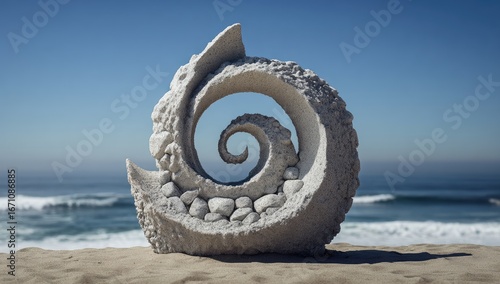 Whimsical spiral sculpture on beach