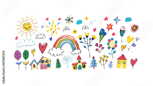 Cheerful hand drawn doodles of nature and homes smiley face