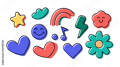 Cheerful icons star heart rainbow smile flower vector