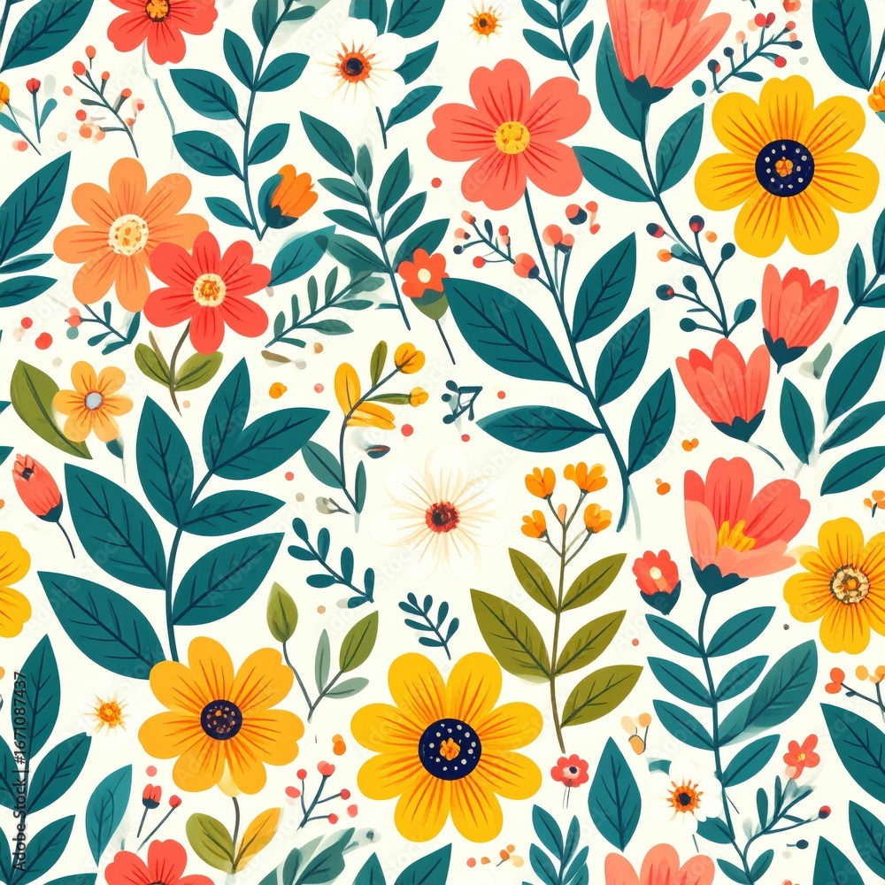 Vibrant Folk Art Floral Tapestry with Warm Cheerful Blooms.