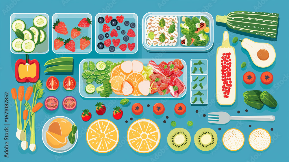 Flat vector illustration of healthy meal prep with colorful vegetables, grains, and fruits Flat vector illustration of healthy meal prep with colorful vegetables, grains, and fruits