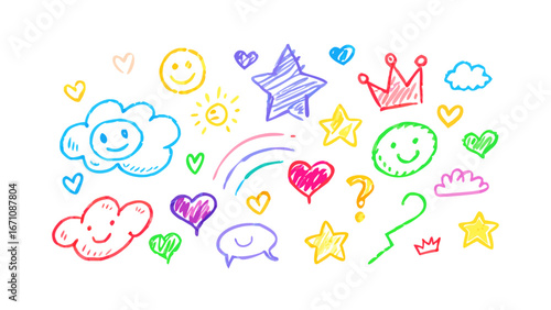 Colorful crayon doodles of happy faces hearts and stars