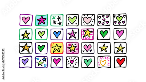 Colorful doodle hearts and stars graphic