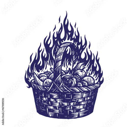 Engraved illustration of a burning basket filled with fruits representing abundance and harvest