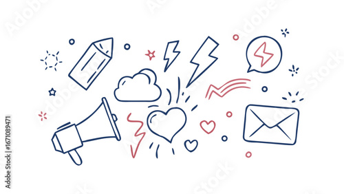 Communication icons doodle illustration megaphone