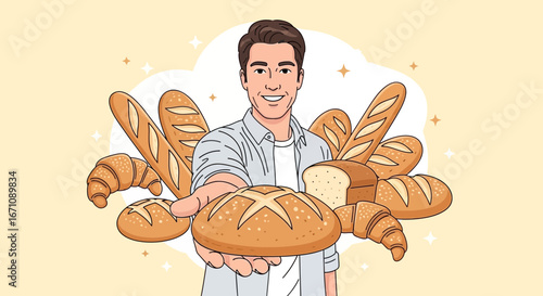 Happy Baker Presenting A Variety Of Freshly Baked Breads To Brighten Your Day