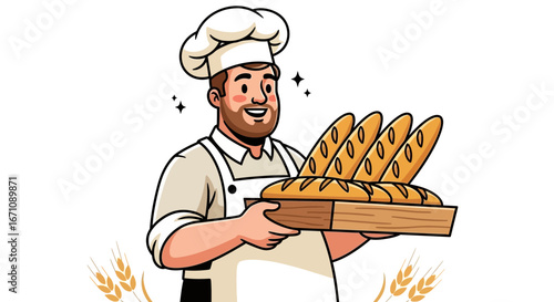 Happy Baker Presenting Freshly Baked Baguettes in a Cozy Illustration Style