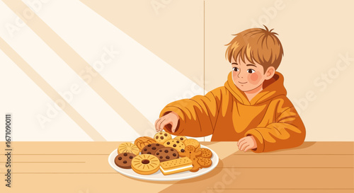 Happy Boy Reaching For A Delicious Variety Of Baked Cookies On A Plate Smiling With Joy