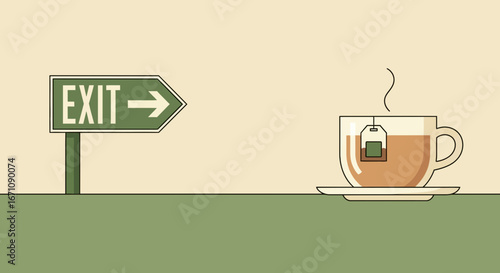 Exit Symbol And Tea Cup Illustration Indicating A Break Or Timeout Concept
