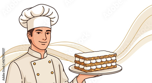 Expert Chef Presenting Delicious Layered Pastry Delightfully, Ready For Gastronomy.