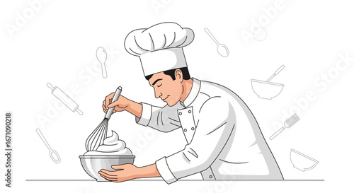 Expert Chef Prepares Creamy Mixture in Bowl with Whisker for Culinary Masterpiece