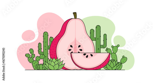 Exotic Pear Slice Adorned With Various Cacti and Succulents, Design Concept
