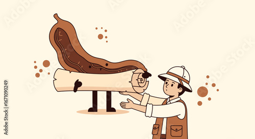 Explorer And Animated Dried Fruit Presenting Cartoon Illustration With Delightful Art Style