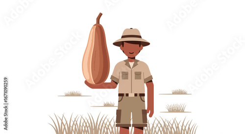 Explorer Presenting Botanical Discovery: Illustration Of Fruit And Vegetation