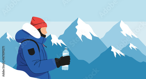Explorer Holds Water Bottle Amidst The Snowcapped Peaks Of A Majestic Mountain Range