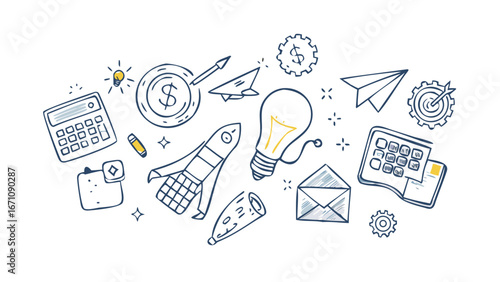 Doodle business concepts with rocket and lightbulb