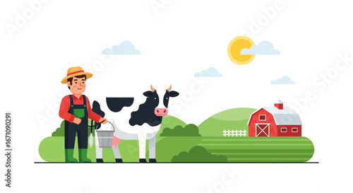 Happy Farmer Milking Cow On The Farm With Barn In A Sunny Day Scene.