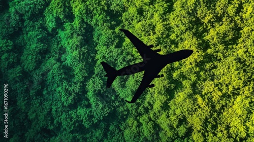 Wallpaper Mural A silhouette of an airplane flying over a vibrant green forest, showcasing nature's beauty from above. Torontodigital.ca
