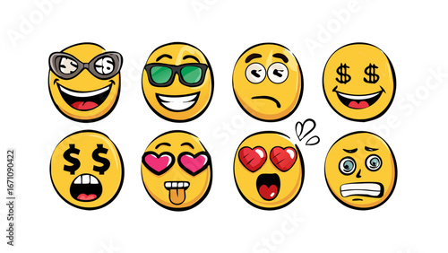 Eight yellow smiley faces with various expressions