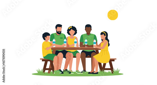 Family Enjoying Summer Day Together in Park with Drinks Vector Illustration