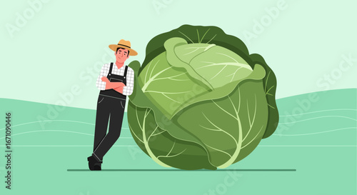 Farmer And Huge Cabbage: Illustration Depicting Agriculture And Healthy Food
