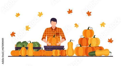 Farmer Arranging Pumpkins And Vegetables With Autumn Leaves, Illustration Concept