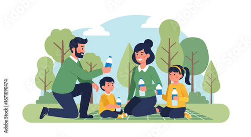 Family Enjoys Drink Outdoors, Illustration Depicting Picnic with Children and Parent
