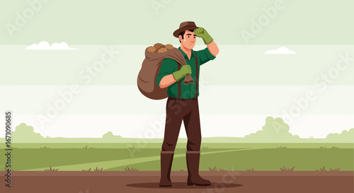 Farmer Carrying Sack Of Potatos Observing Landscape After A Day Worked On The Farm