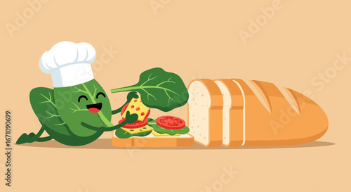 Happy Spinach Character Preparing Delightful Sandwich With Fresh Vegetables and Bread